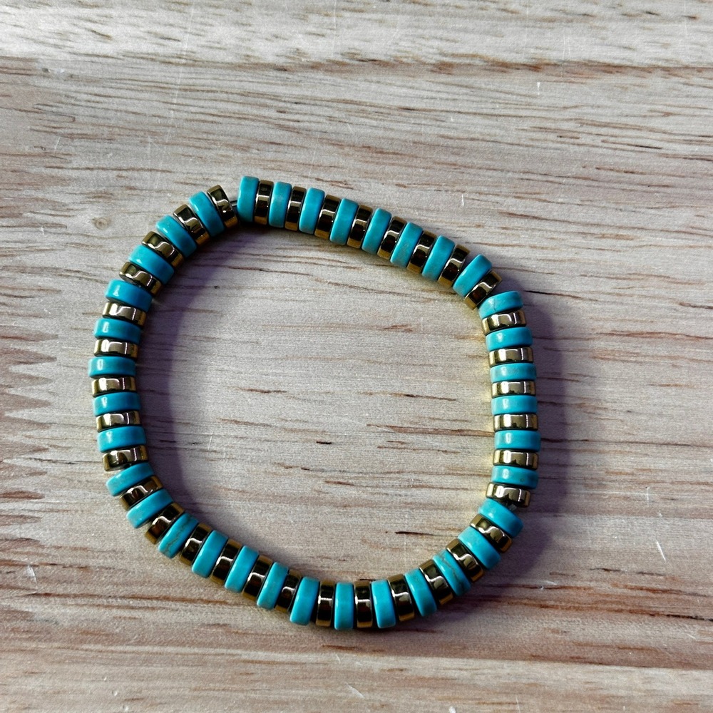 Turquoise and Gold Disc Bead Stretch Bracelet Bohemian Heishi Stackable Jewelry